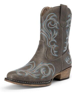 〽️Women's Mid-Calf Cowgirl Boots Brown Leather Block Heel Embroidered Square Toe